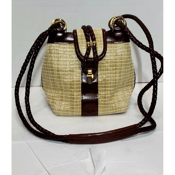 Vintage Kaela Straw Purse Brown Leather Trim Shoulder Bag Unique Closure - Picture 14 of 15